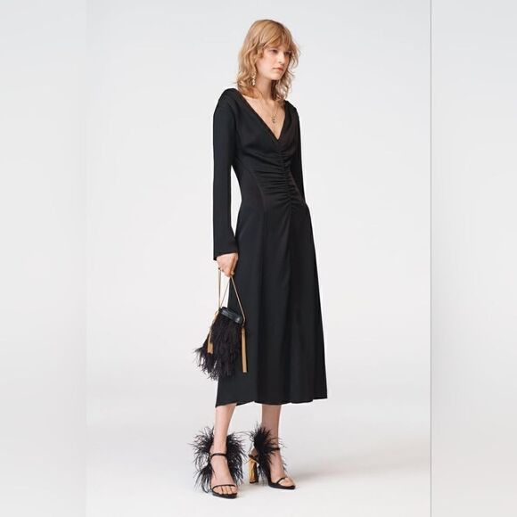 Zara Studio Ruched pleat Long Dress Limited Edition V-neck  long flared sleeves - Picture 1 of 16